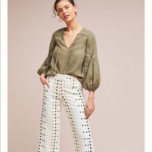 Anthropologie linen eyelet wide leg trousers